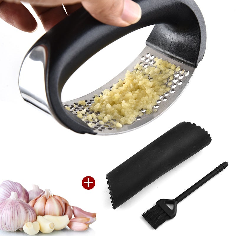 Catzon Garlic Press Rocker New Kitchen Stainless Steel Garlic Mincer Crusher with Silicone Roller Peeler and Cleaning Brush