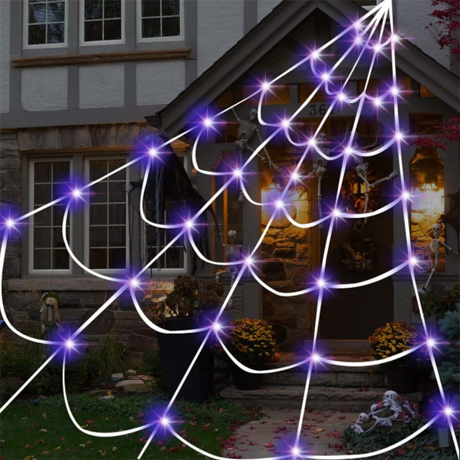 Catzon Halloween Spider Web 5m with 250 LED Purple Lights for Indoor Outdoor Decor