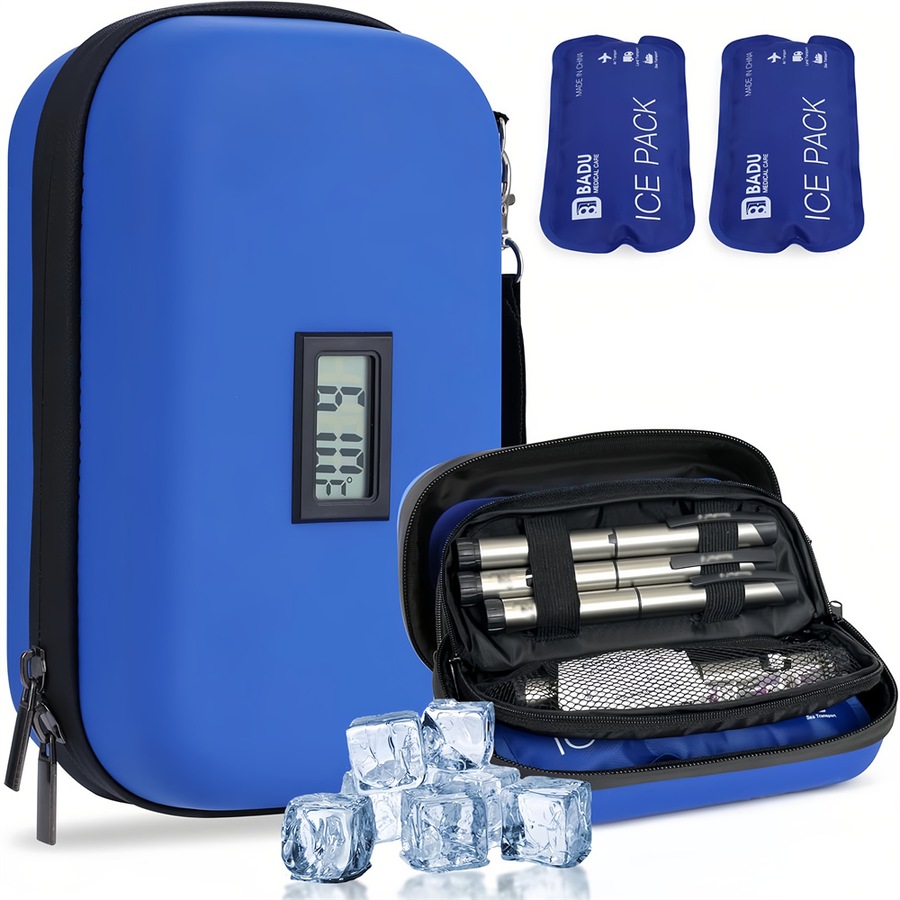 Catzon Insulin Cooler Travel Case with Temperature Display and 2 Reusable Ice Packs-Blue