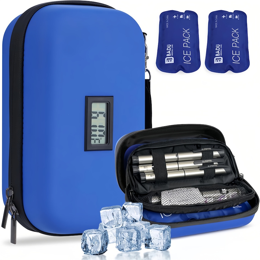 Catzon Insulin Cooler Travel Case with Temperature Display and 2 Reusable Ice Packs-Blue