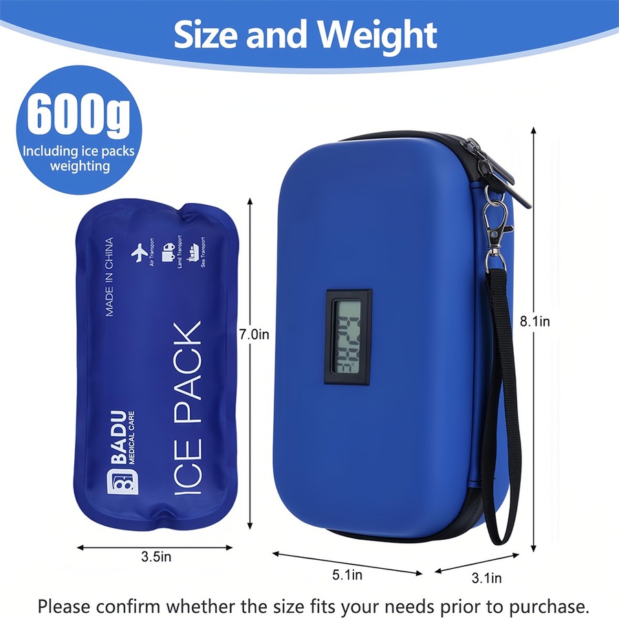 Catzon Insulin Cooler Travel Case with Temperature Display and 2 Reusable Ice Packs-Blue