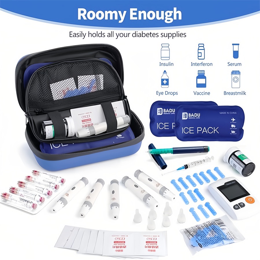 Catzon Insulin Cooler Travel Case with Temperature Display and 2 Reusable Ice Packs-Blue