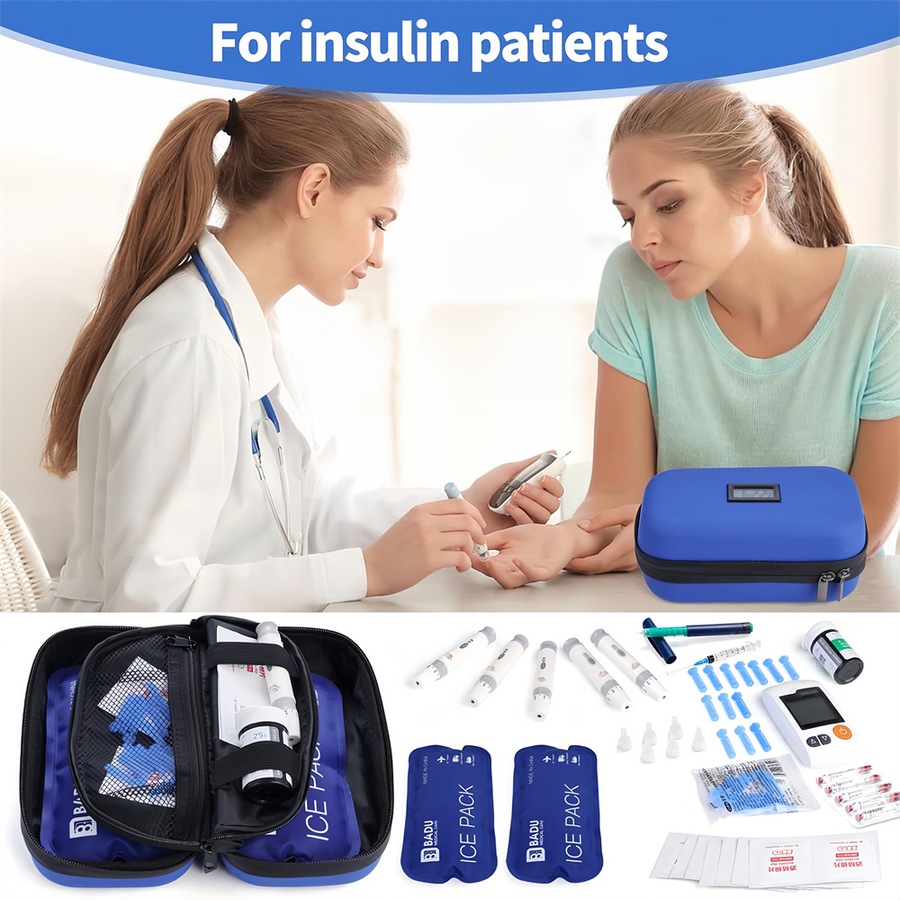 Catzon Insulin Cooler Travel Case with Temperature Display and 2 Reusable Ice Packs-Blue