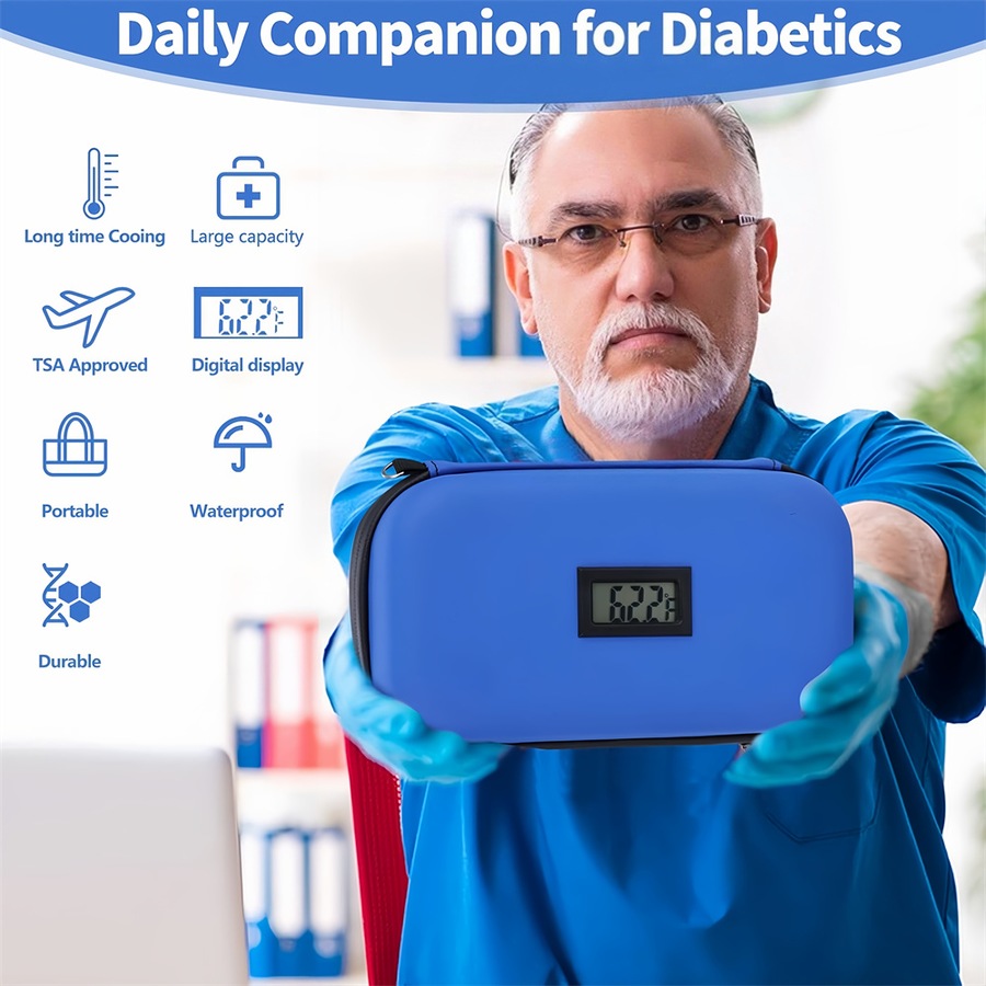 Catzon Insulin Cooler Travel Case with Temperature Display and 2 Reusable Ice Packs-Blue