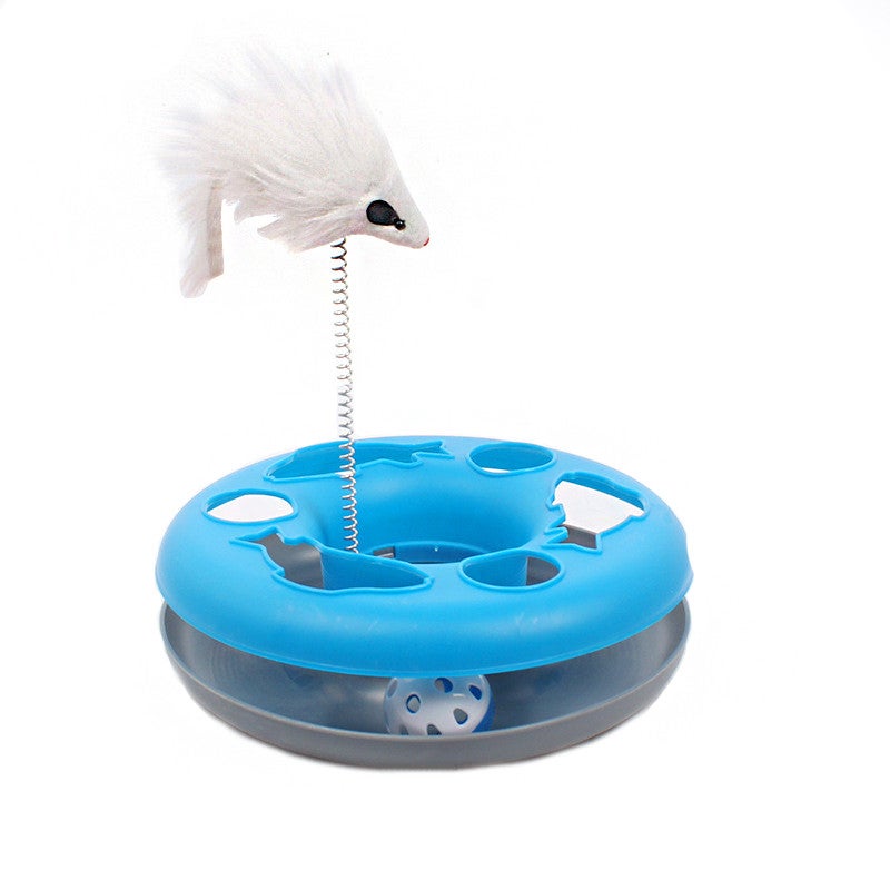 Catzon Interactive Cat Toy Scratching Spring Mouse Turntable with Exercise Bell Balls-Blue