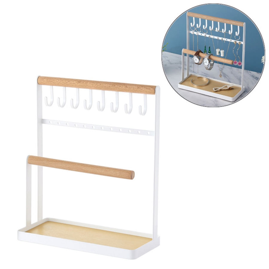 Catzon Jewelry Stand Holder 4-Tier Necklace Hanging Wooden Ring Organizer Earring Tray White