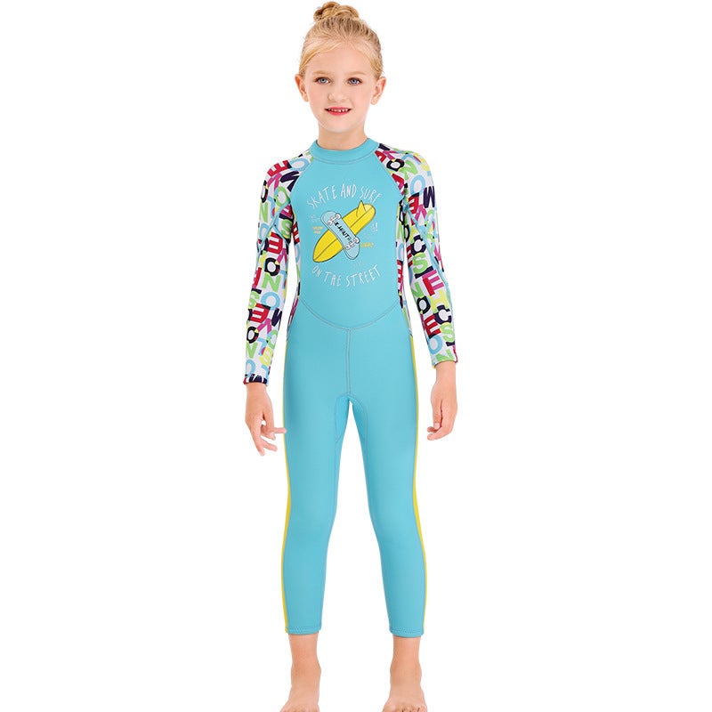 Catzon kids 2.5mm Neoprene Full Body Wetsuit UV Protection Keep Warm Long Sleeve Swimsuit-Blue