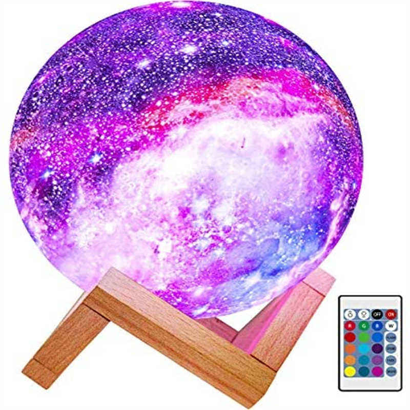 Catzon Kids Night Light Rechargable Galaxy Lamp 16 Colors LED 3D Star Moon Light with Wood Stand and Remote Control
