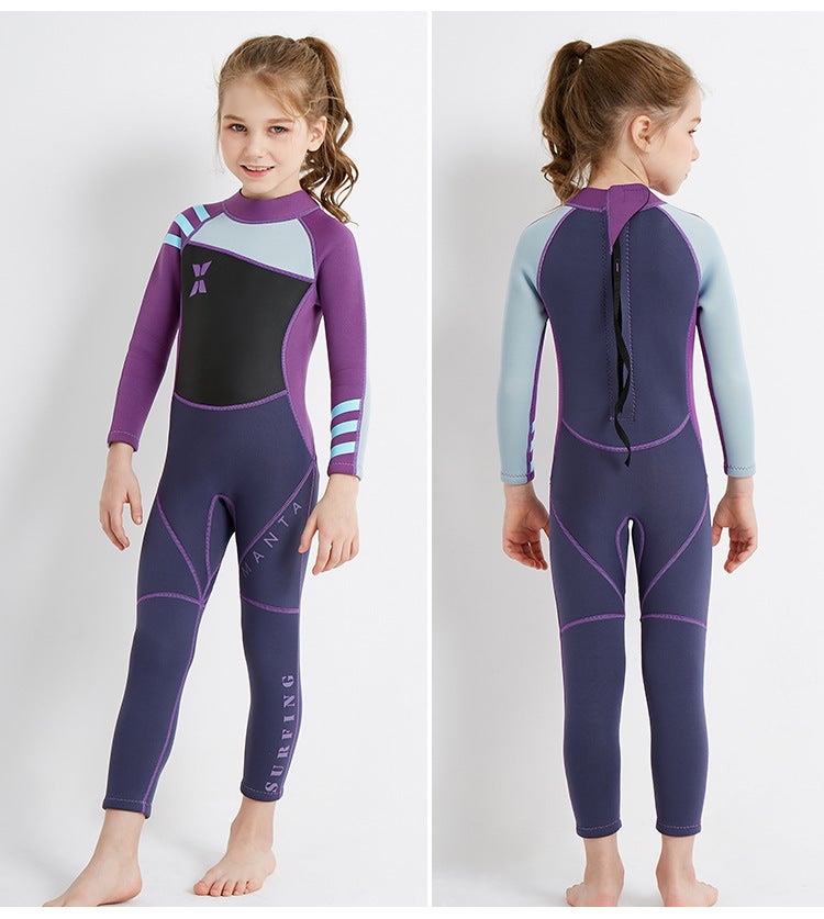 Catzon Kids One-piece Long Sleeves Diving Suit 2.5MM Neoprene Warm Wetsuit Girls UV Protection-Purple