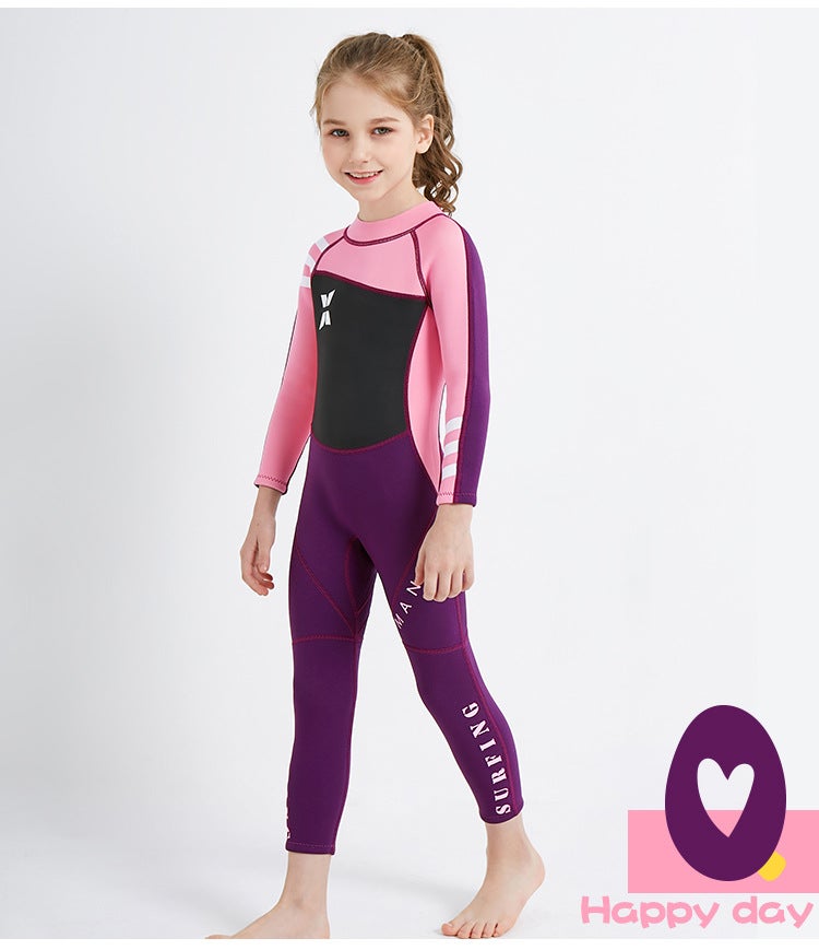 Catzon Kids One-piece Long Sleeves Diving Suit 2.5MM Neoprene Warm Wetsuit Girls UV Protection-Pink