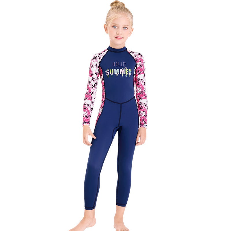 Catzon Kids Swimwear girls swimsuit long sleeve One-piece Diving Suit Long Sleeve Quick-Dry Snorkeling-Blue