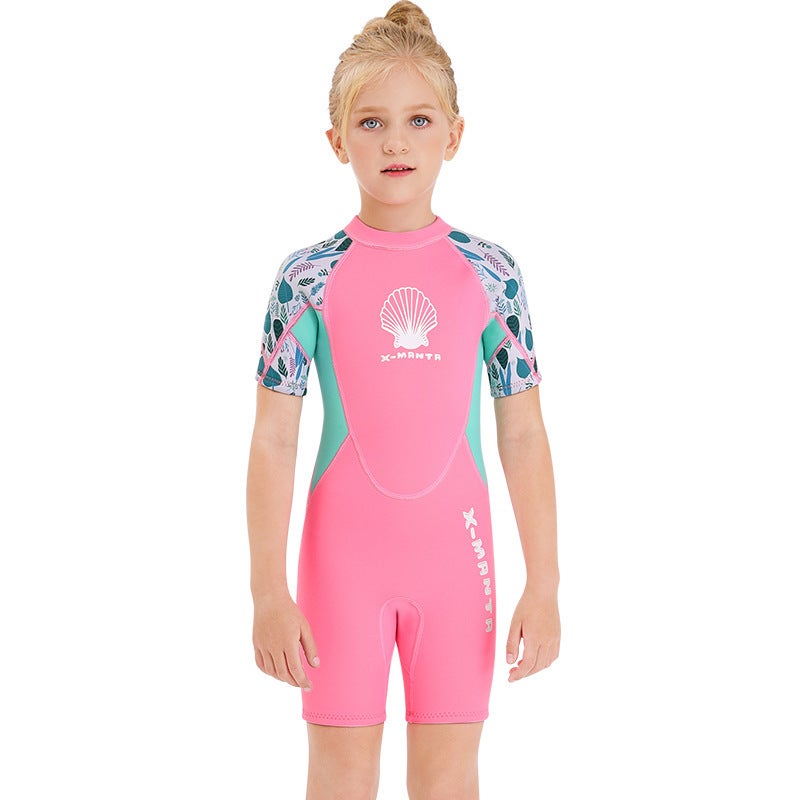 Catzon Kids Wetsuit Jellyfish Neoprene Children Short Sleeve Diving Suit Swimwear for Girl Wetsuit-Pink