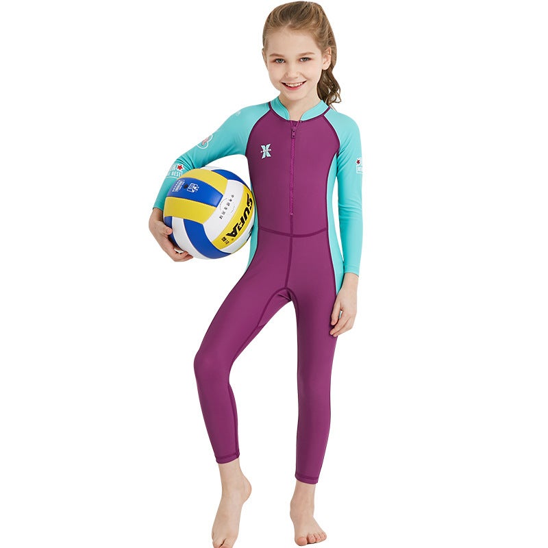 Catzon Kids Wetsuit UPF 50+ One Piece Long Sleeve Swimsuit Quick-Drying Swimwear -Purple