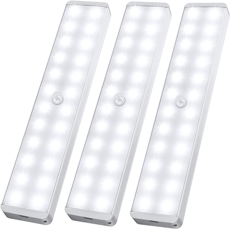 Catzon LED Closet Light 24-LED Rechargeable Motion Sensor White Light Bar for Stairs Wardrobe Kitchen Hallway (3 Packs)