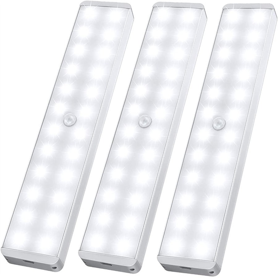 Catzon LED Closet Light 24-LED Rechargeable Motion Sensor White Light Bar for Stairs Wardrobe Kitchen Hallway (3 Packs)