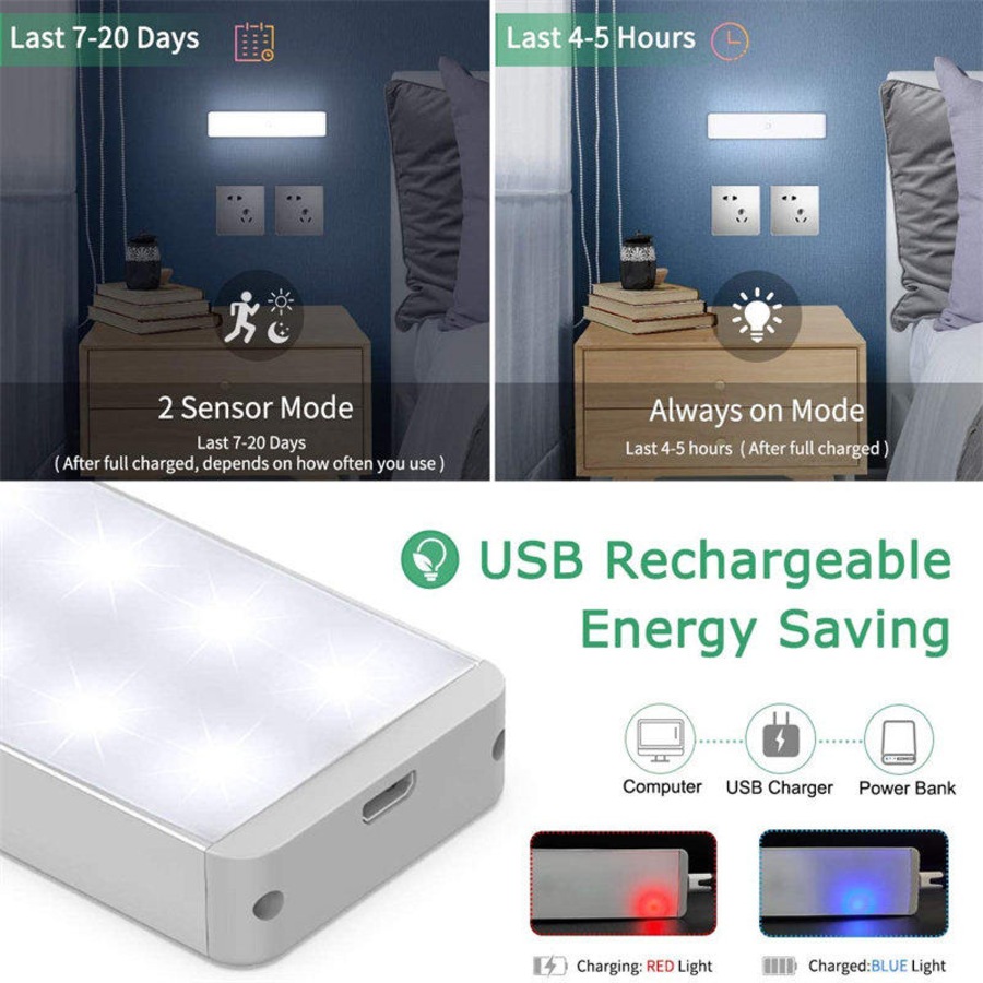 Catzon LED Closet Light 24-LED Rechargeable Motion Sensor White Light Bar for Stairs Wardrobe Kitchen Hallway (3 Packs)