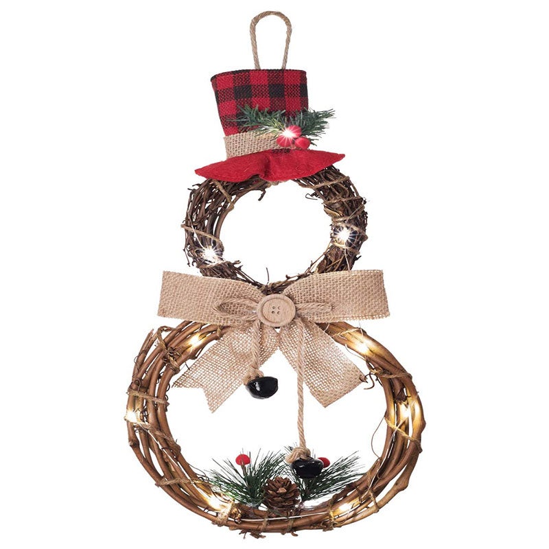 Catzon Lighted Christmas Wreath 16x8 Inch Grapevine Wreath with Hat and Bow Snowman Shape
