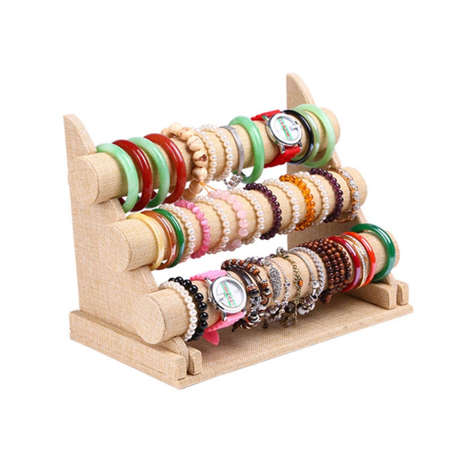 Catzon Linen Bracelet Holder with Three Tier Rack for Jewelry Organization and Display