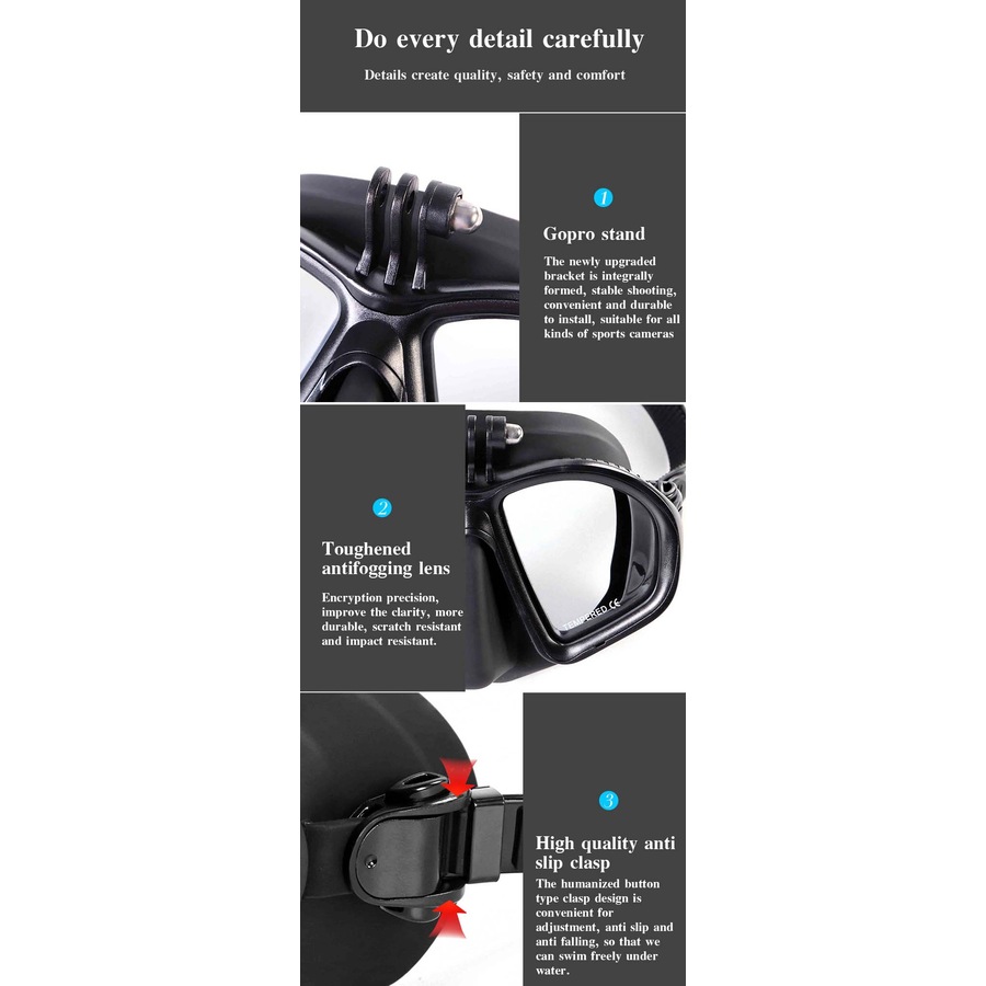 Catzon M2032 Swim Goggles Anti-Fog Tempered Glass UV Protection Waterproof Lens Adjustable Strap 3D Tight Fit Diving Mask -Black