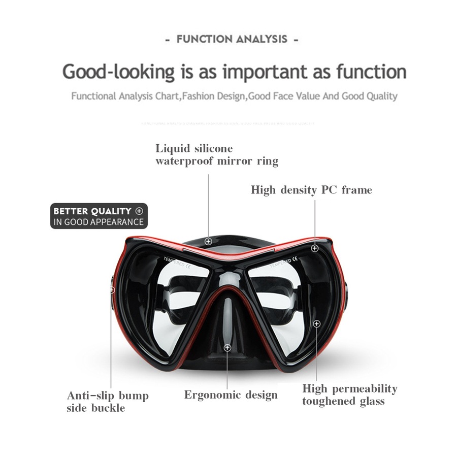 Catzon M24 Diving Mask Anti-Fog Tempered Glass Waterproof Lens Adjustable Strap Swimming Goggles For Snorkeling Swimming Scuba Diving-Red