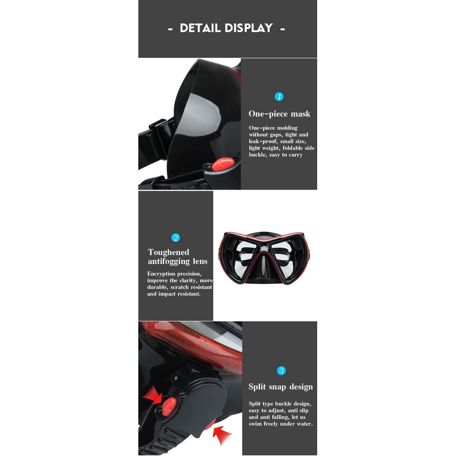 Catzon M24 Diving Mask Anti-Fog Tempered Glass Waterproof Lens Adjustable Strap Swimming Goggles For Snorkeling Swimming Scuba Diving-Red