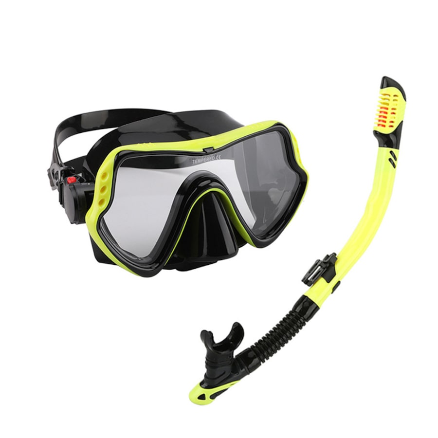 Catzon MS1110 Snorkel Set Anti-Fog Tempered Glass Watertight Lens Diving Mask For Snorkeling Swimming And Scuba Diving-Black Yellow