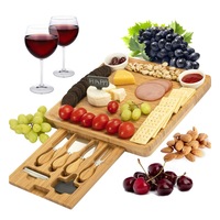 Catzon Natural Bamboo Cheese Board & Cutlery Set with Slide-Out Drawer and Knife Charcuterie Platter & Serving Tray