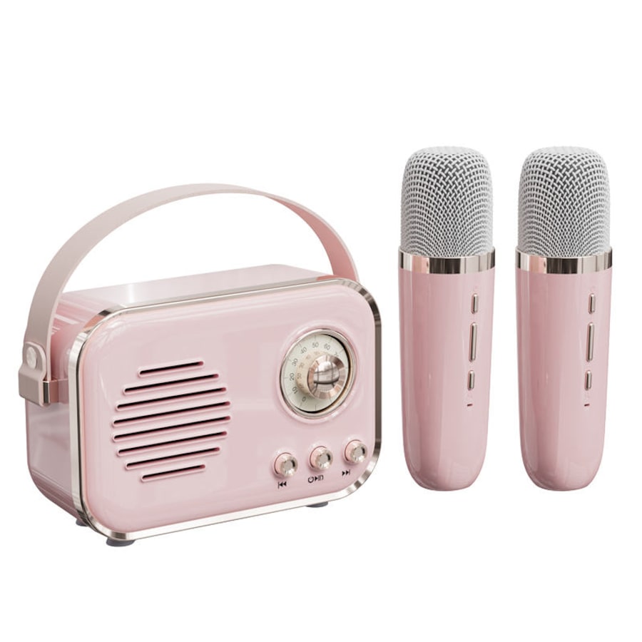 Catzon P33 Retro Karaoke Machine with 2 Wireless Microphones Portable Small Karaoke Set Toys for Kids and Adults-Pink