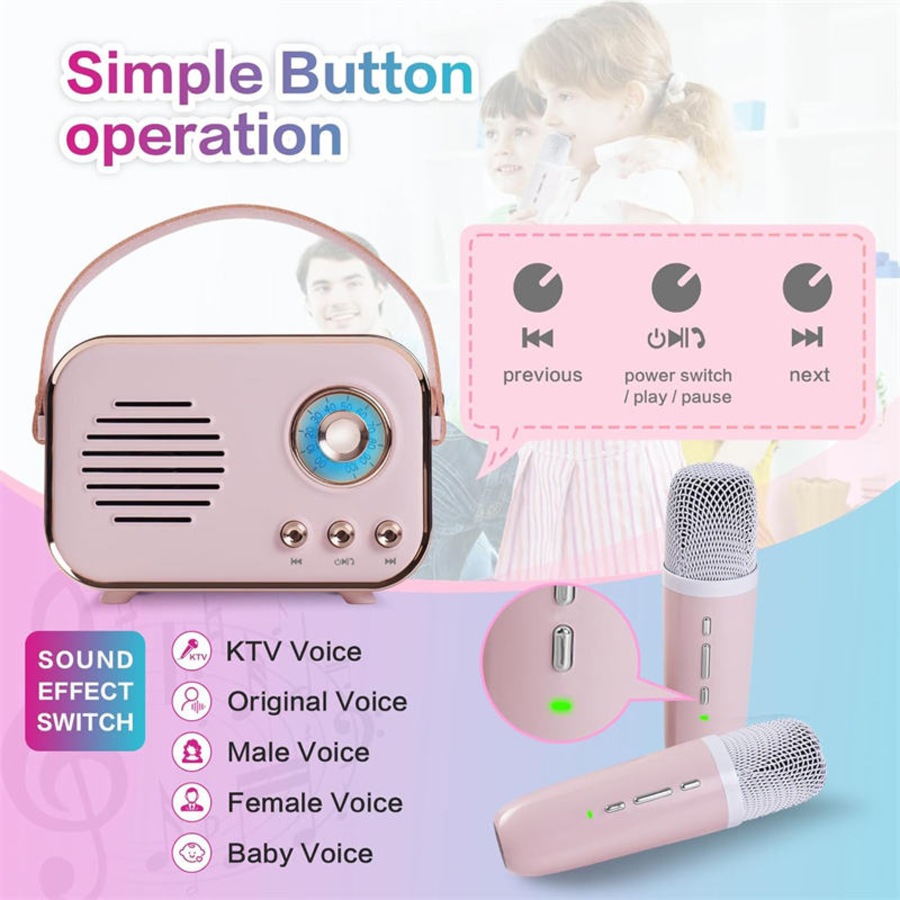 Catzon P33 Retro Karaoke Machine with 2 Wireless Microphones Portable Small Karaoke Set Toys for Kids and Adults-Pink