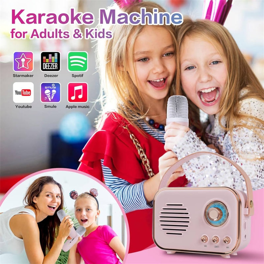 Catzon P33 Retro Karaoke Machine with 2 Wireless Microphones Portable Small Karaoke Set Toys for Kids and Adults-Pink