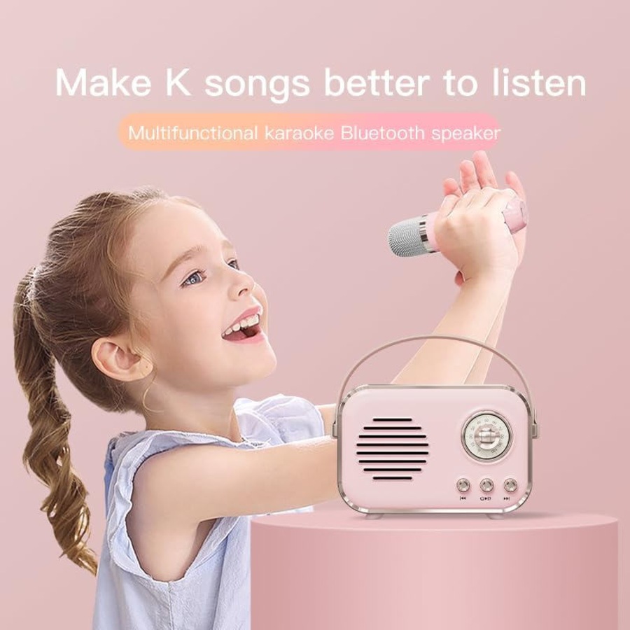 Catzon P33 Retro Karaoke Machine with 2 Wireless Microphones Portable Small Karaoke Set Toys for Kids and Adults-Pink