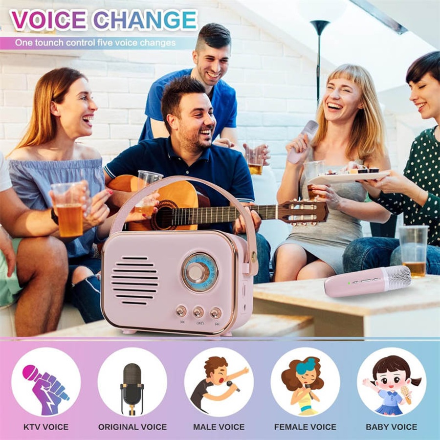 Catzon P33 Retro Karaoke Machine with 2 Wireless Microphones Portable Small Karaoke Set Toys for Kids and Adults-Pink