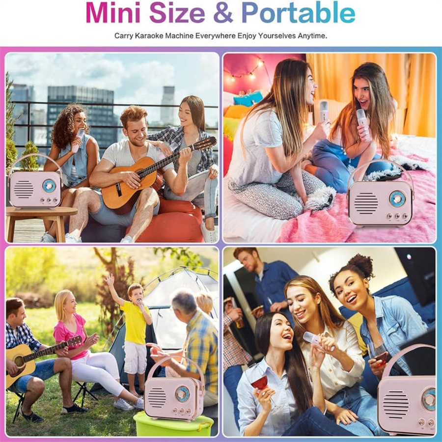 Catzon P33 Retro Karaoke Machine with 2 Wireless Microphones Portable Small Karaoke Set Toys for Kids and Adults-Pink