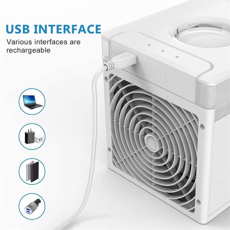 Mini Air Conditioner 4-in-1 Air Cooler Air Conditioner for Home Office Portable Air Conditioner 3 Speed 7 Colours LED Light USB Rechargeable Electric Evaporative Cooler Air Conditioner Humidifier 