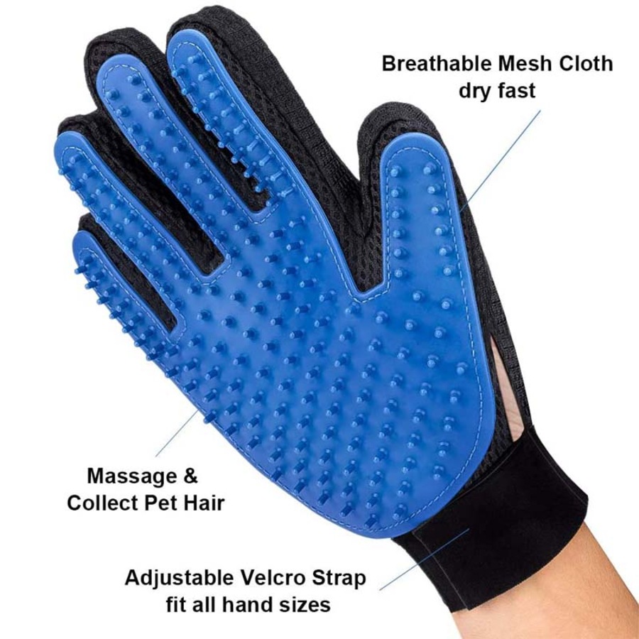 Catzon Pet Hair Remover Glove Gentle Massage Mitt with Enhanced Five Finger Design Blue-Right Hand