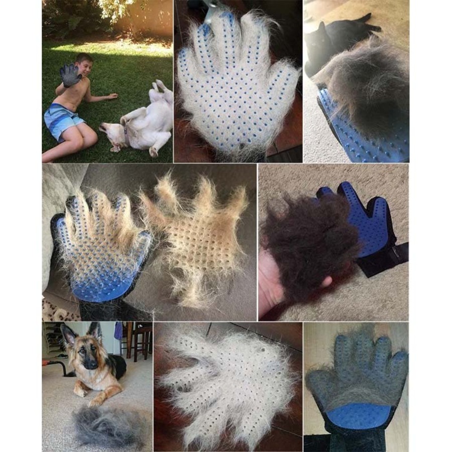 Catzon Pet Hair Remover Glove Gentle Massage Mitt with Enhanced Five Finger Design Blue-Right Hand