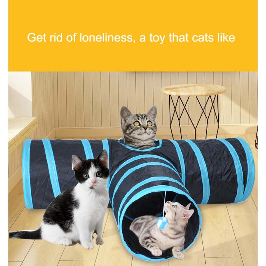 Catzon Pet Tunnel Tube Cat Toys 3 Way Extensible Collapsible for Indoor Cats Interactive Toy-Blue