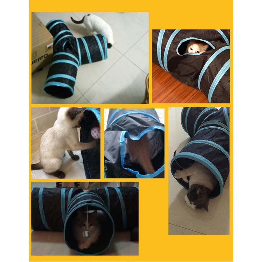Catzon Pet Tunnel Tube Cat Toys 3 Way Extensible Collapsible for Indoor Cats Interactive Toy-Blue