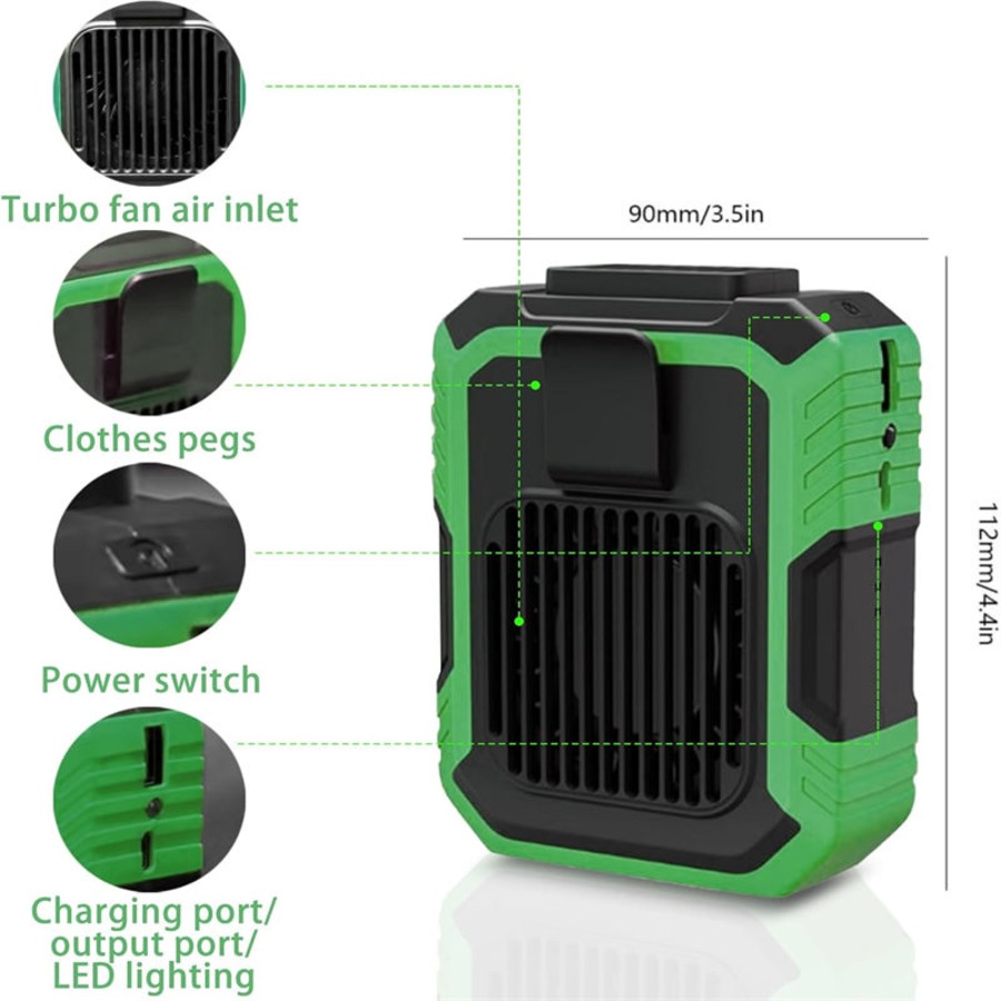 Catzon Portable Waist Fan Belt Cool Clip Fans with 4000mAh Battery Power Supply 3 Speed Settings LED Lights-Green