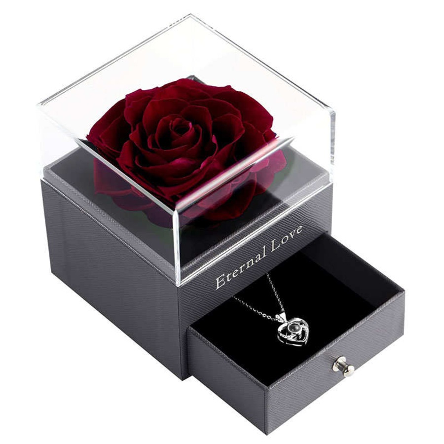 Catzon Preserved Flower Rose Gift Box for Valentines Day Anniversary Wedding-Wine Red