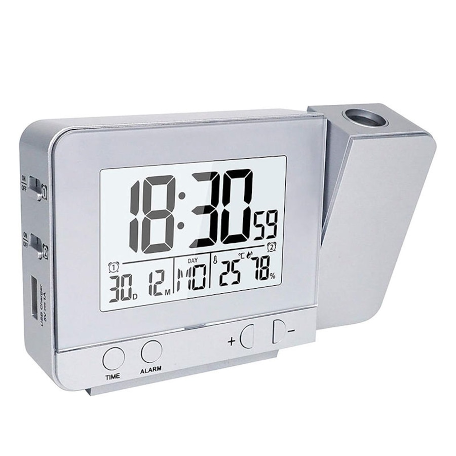 Catzon Projection Alarm Clock Dual Alarms with Snooze Function for Heavy Sleepers-Silver