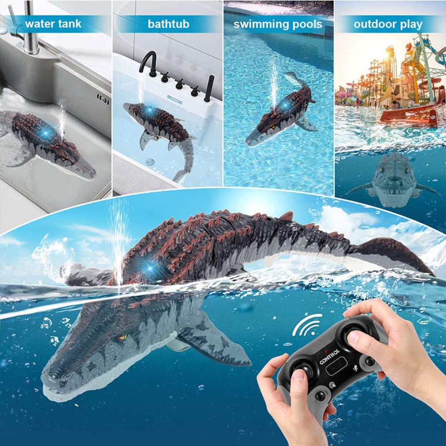 Catzon Remote Control Mosasaurus Dinosaur Toys Upgrade Mosasaurus Water Toy Pool Toys Dino with Light and Spray Water for Kids