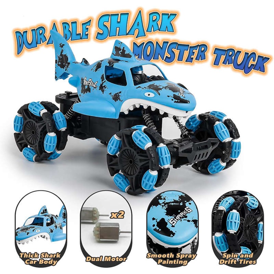 Catzon Remote Control Shark Monster Truck 2.4 GHz All-Terrain Toy for Kids-Red