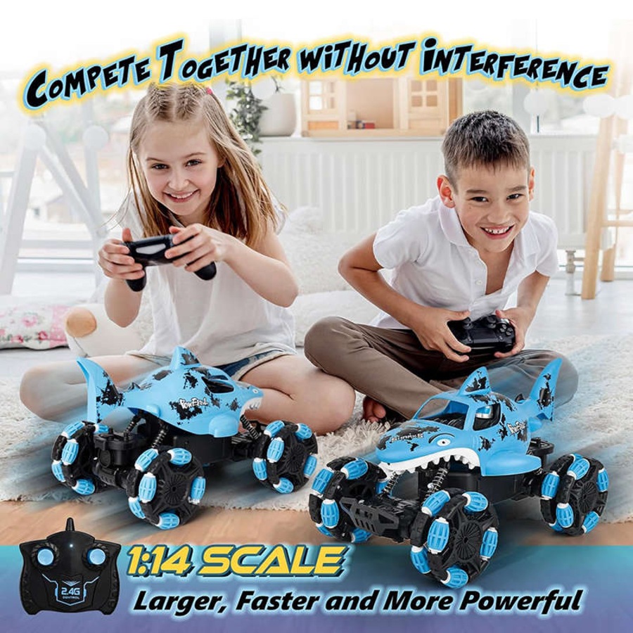 Catzon Remote Control Shark Monster Truck 2.4 GHz All-Terrain Toy for Kids-Red