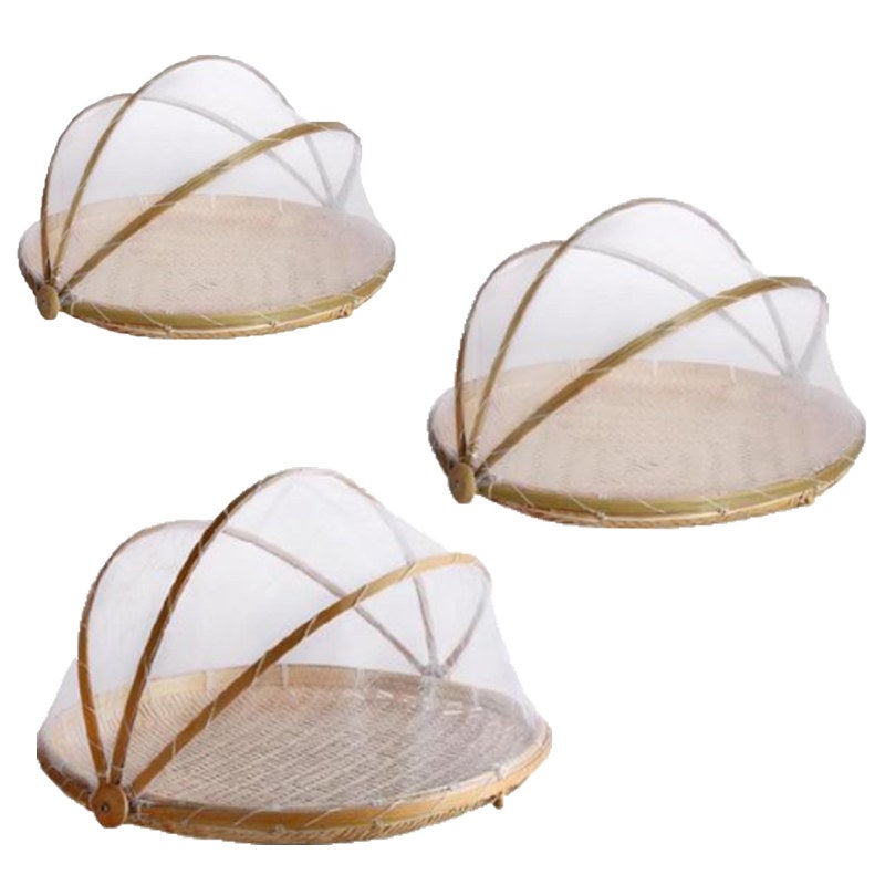Catzon Round Bamboo Serving Food Tent Basket Set Dustproof and Anti-Mosquito for Kitchen Picnic