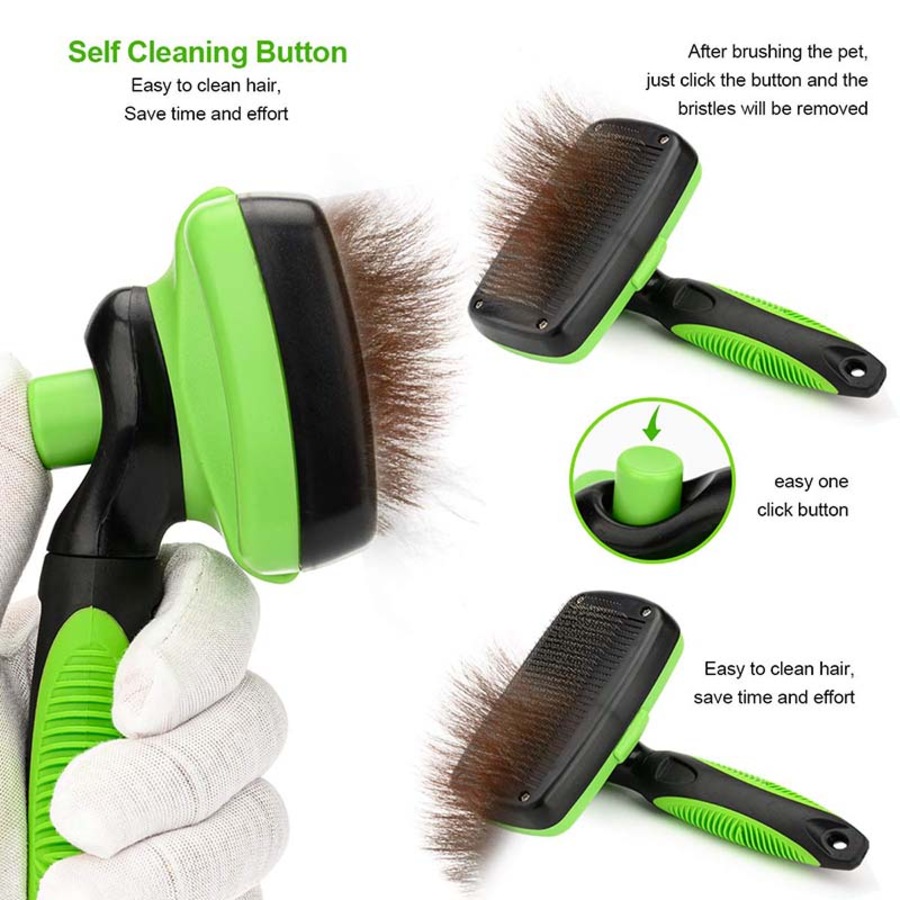 Catzon Self-Cleaning Slicker Brush for Pet Grooming Brush to Remove Long Loose Fur-Green