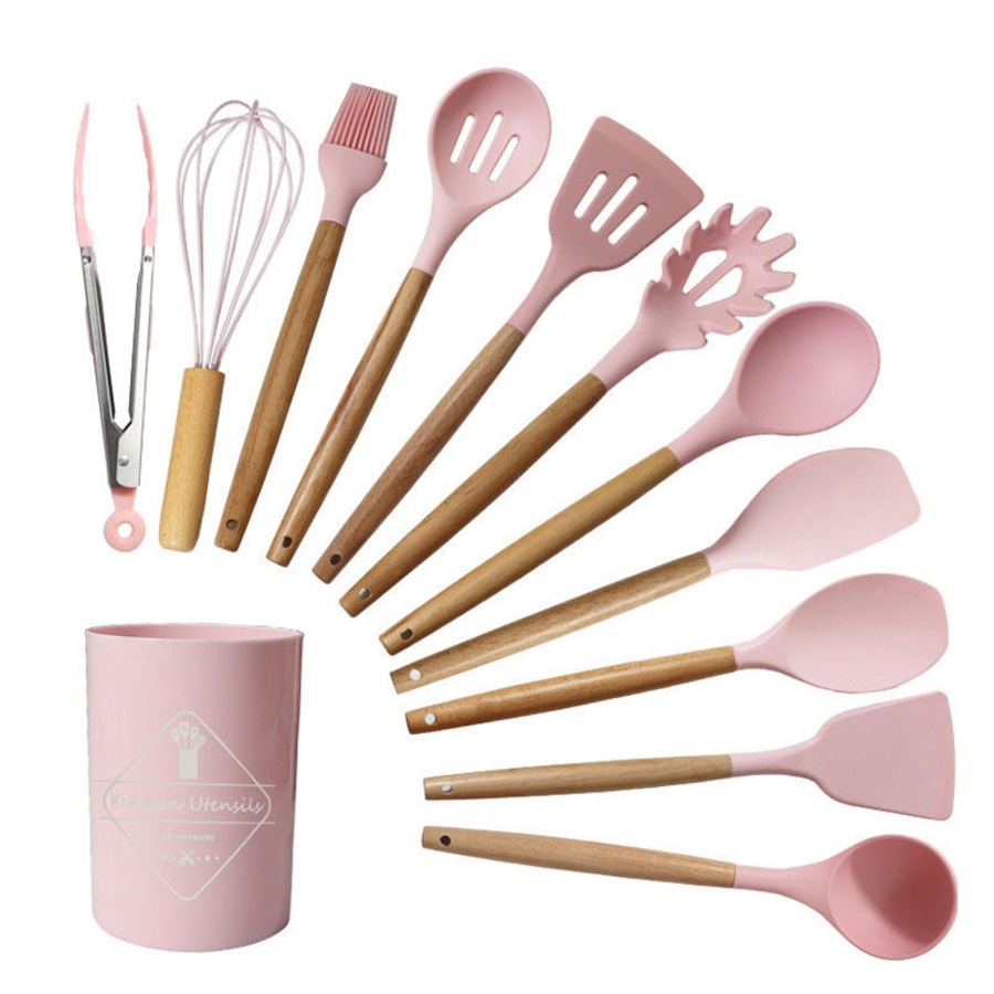 Catzon Silicone Kitchen Utensils Set 11 Pcs Cooking Utensils Set Non Toxic Spatula Set with Holder-Pink