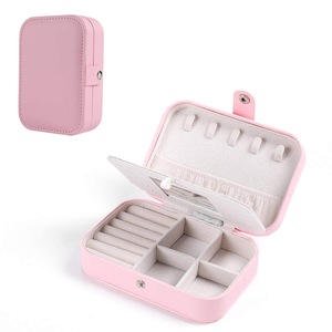 Catzon Small Jewelry Box Necklace Ring Double Layer Storage Bag Travel Organizer with Mirror -Pink