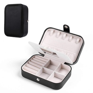 Catzon Small Jewelry Box Necklace Ring Double Layer Storage Bag Travel Organizer with Mirror -Black