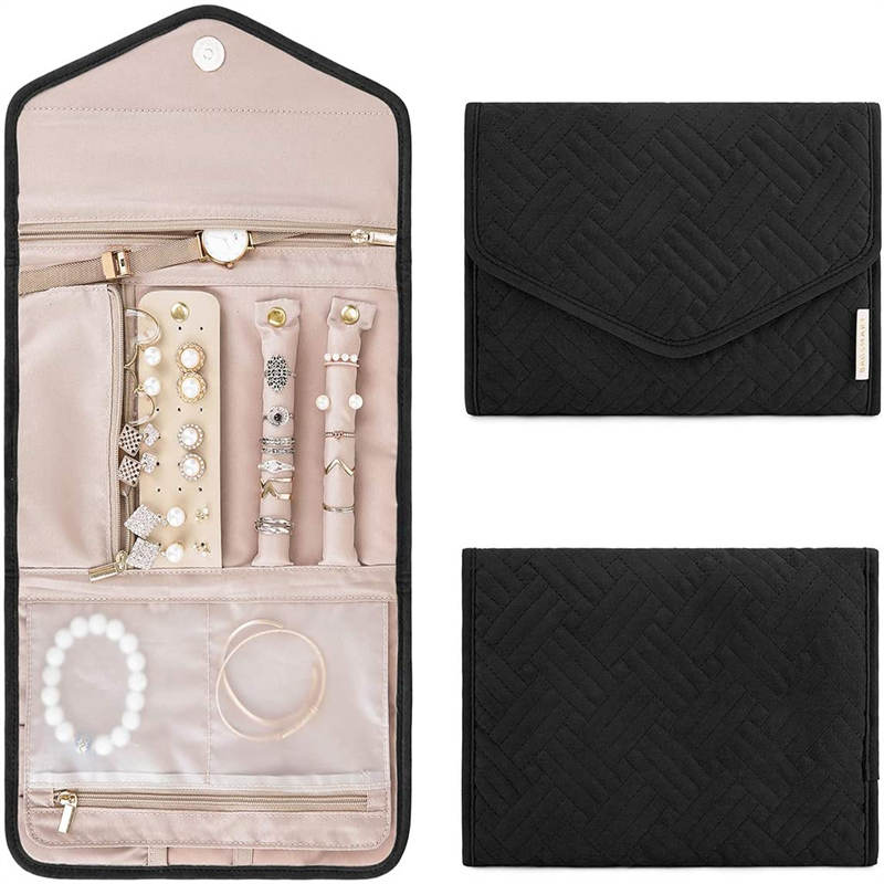 Catzon Travel Jewelry Organizer Roll Foldable Jewelry Case for Rings Necklaces - Black